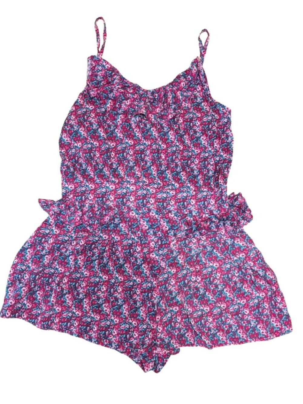 ALYTHEA Maroon Pink Ditsy Floral Tiered Ruffle Romper Size Large